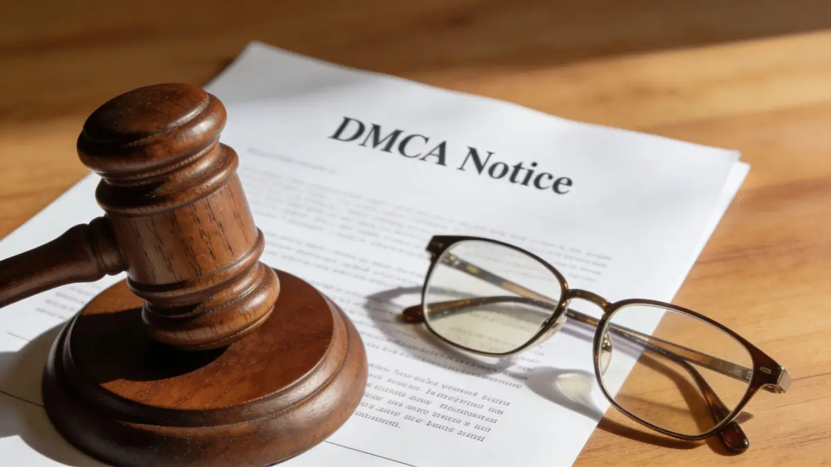A wooden judge gavel and reading glasses resting on a paper document titled DMCA Notice.