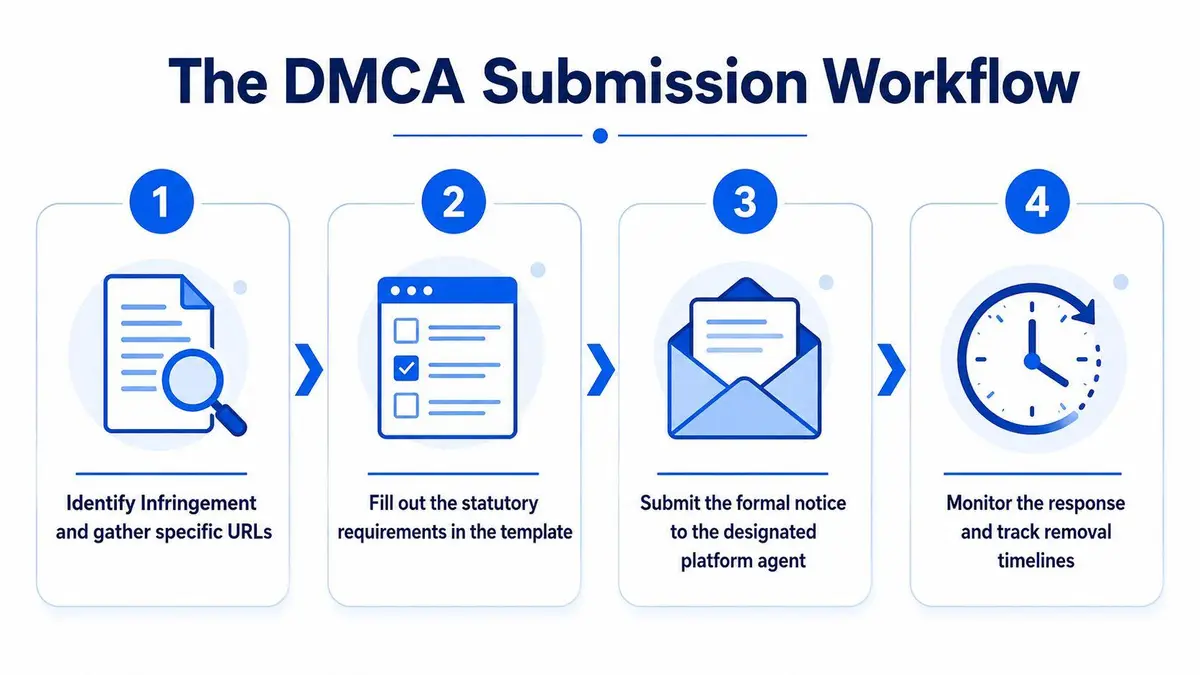 A four-step infographic illustrating the DMCA submission workflow process for handling online copyright infringement.
