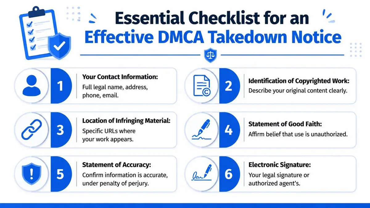 An infographic checklist outlining the six essential components required for submitting an effective DMCA takedown notice.