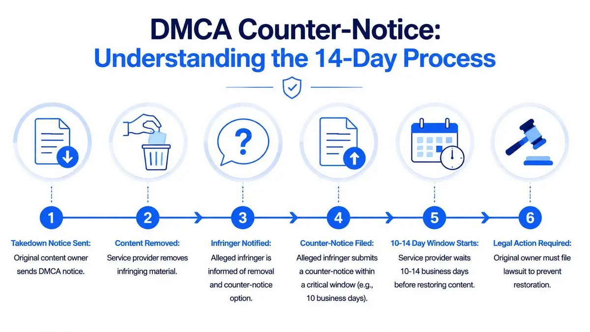 A visual flow chart illustrating the six-step process for handling a DMCA counter-notice for online content.