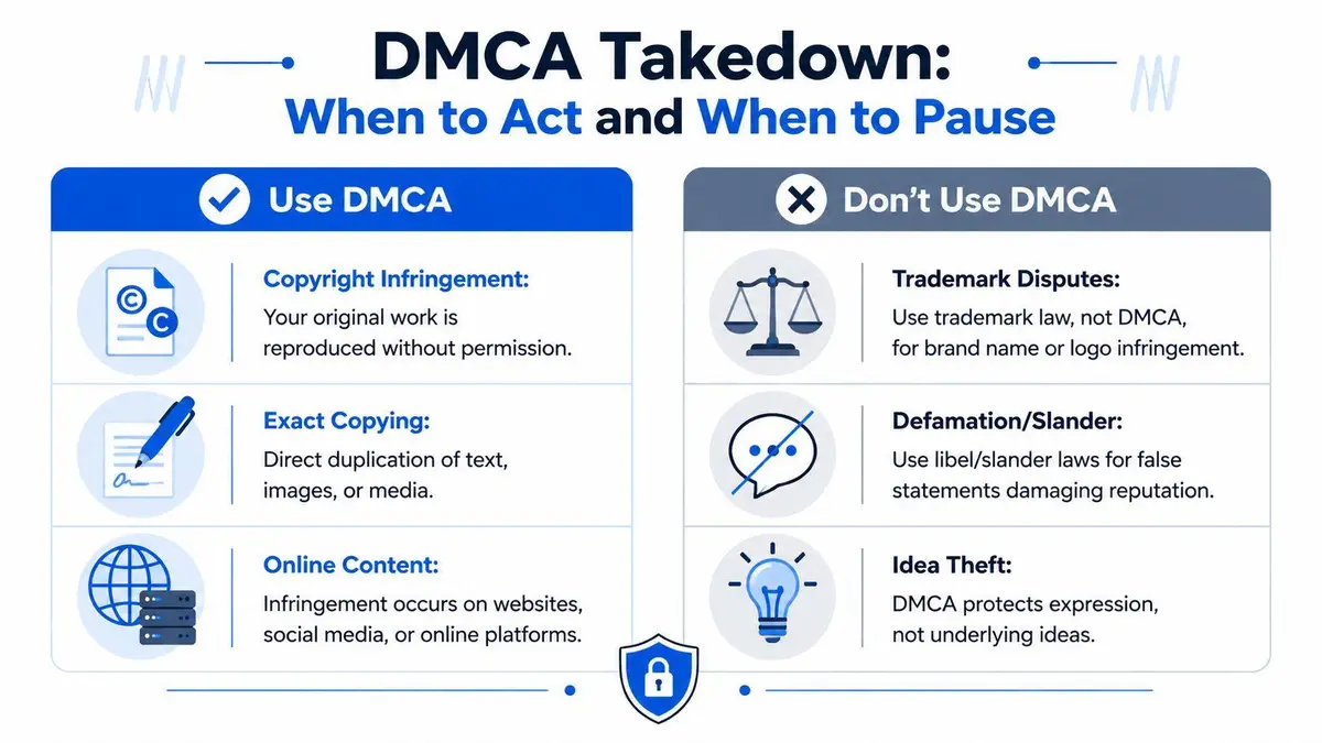 A helpful infographic comparing when to file a DMCA takedown versus when it is not appropriate.