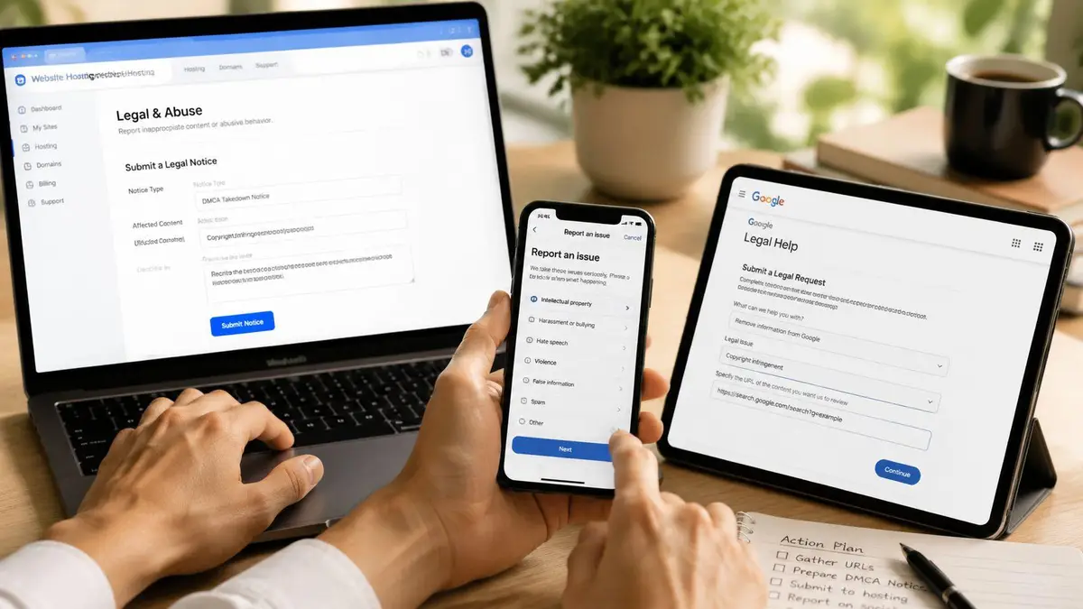 A person using a laptop, smartphone, and tablet to submit online DMCA takedown and legal requests.