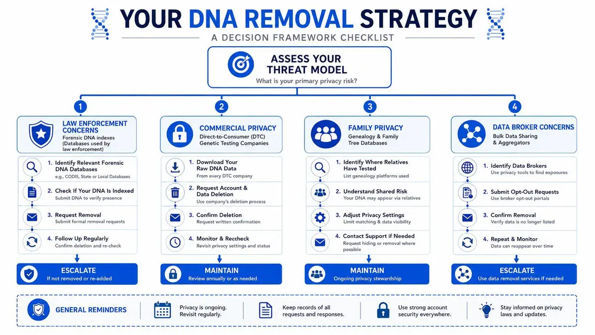 A decision framework flowchart detailing the step-by-step process for removing personal DNA data from various databases.