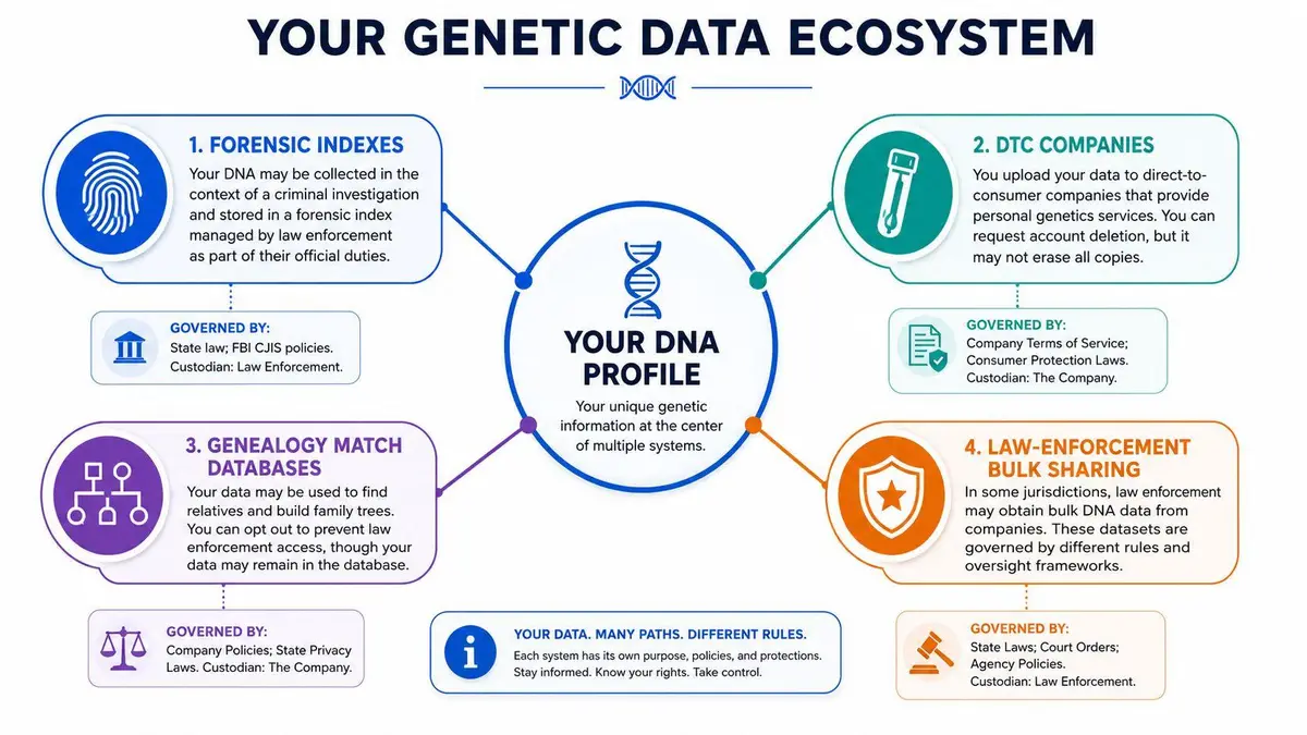 An infographic showing how personal genetic data is stored, shared, and governed across four different systems.