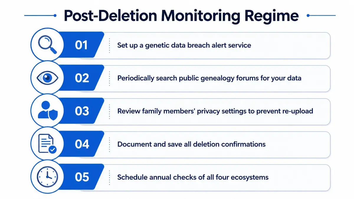 An infographic titled Post-Deletion Monitoring Regime listing five steps for monitoring genetic data after deletion.