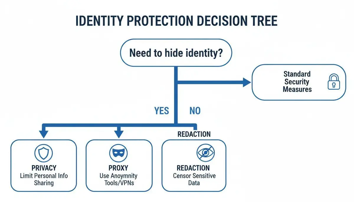 Decision tree flowchart illustrating identity protection strategies based on the need to hide identity.