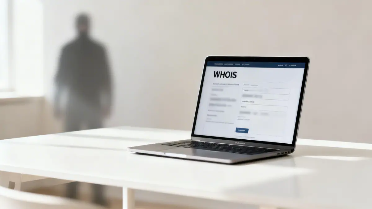 A laptop displaying a 'WHOIS' page sits on a desk, with a blurry figure in the background.