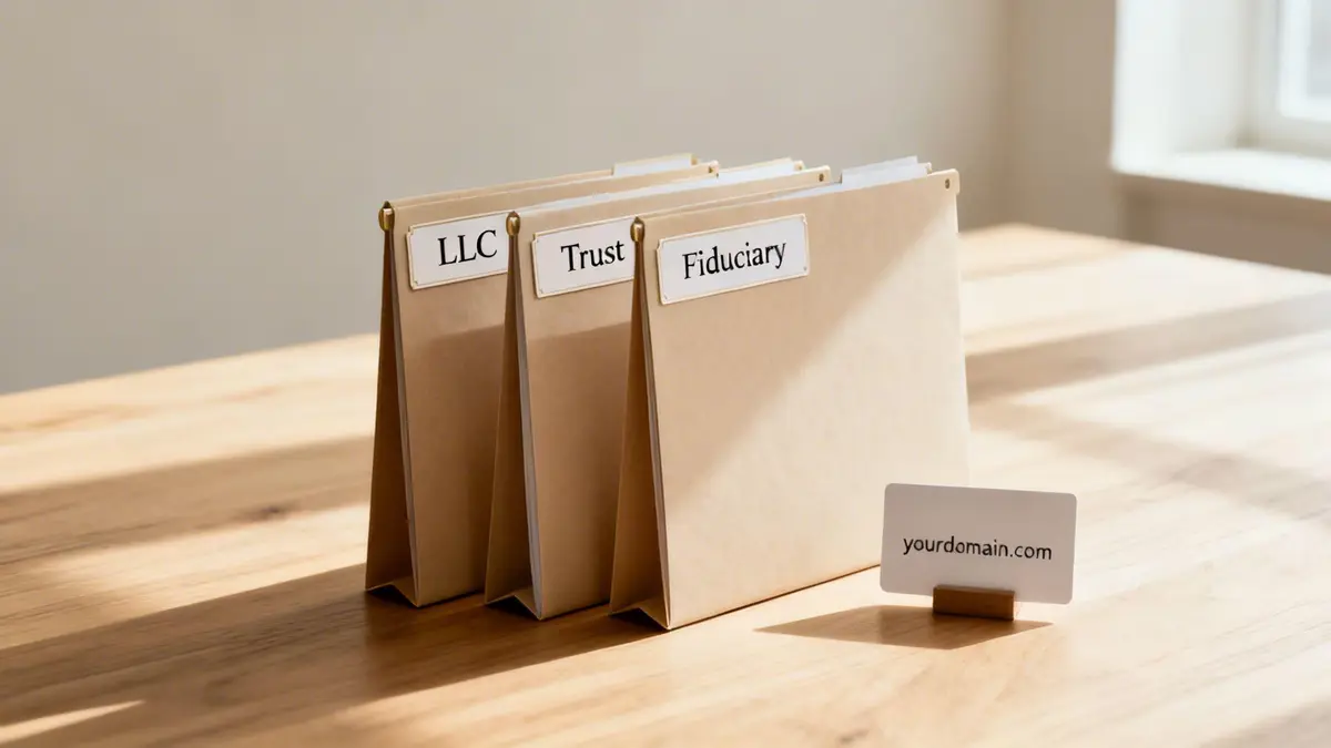Three file folders labeled LLC, Trust, and Fiduciary, with a 'yourdomain.com' card on a wooden table.