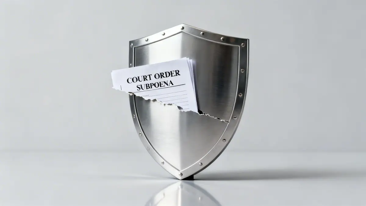 A metallic shield is broken, revealing a stack of 'COURT ORDER SUBPOENA' legal documents.