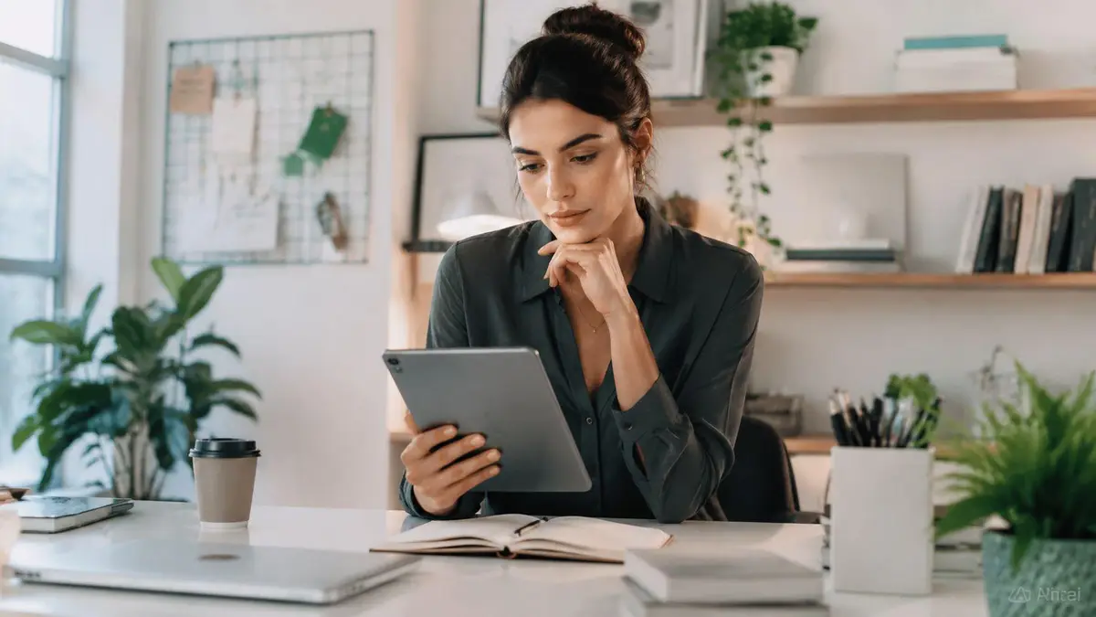 A professional woman in a dark blouse holding a tablet while working at her home office desk.