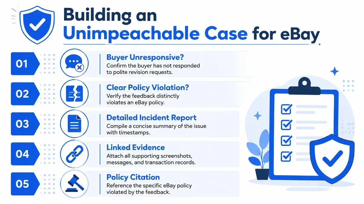 A checklist infographic titled Building an Unimpeachable Case for eBay, showing five steps to remove feedback.