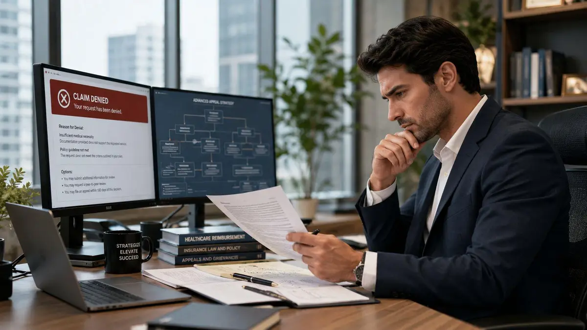 A professional man reviewing documents in an office with claim denial information on computer monitors.