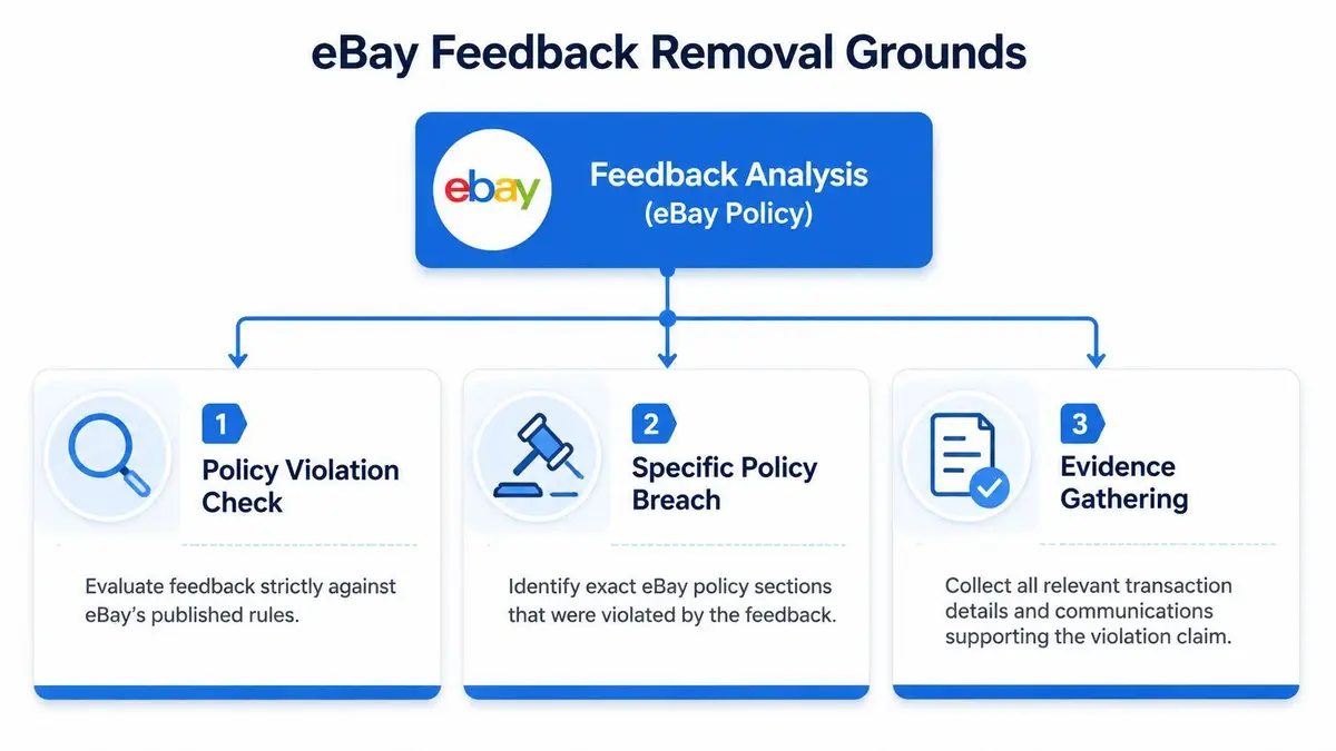 A diagram outlining the three-step process for eBay feedback removal based on official policy guidelines.
