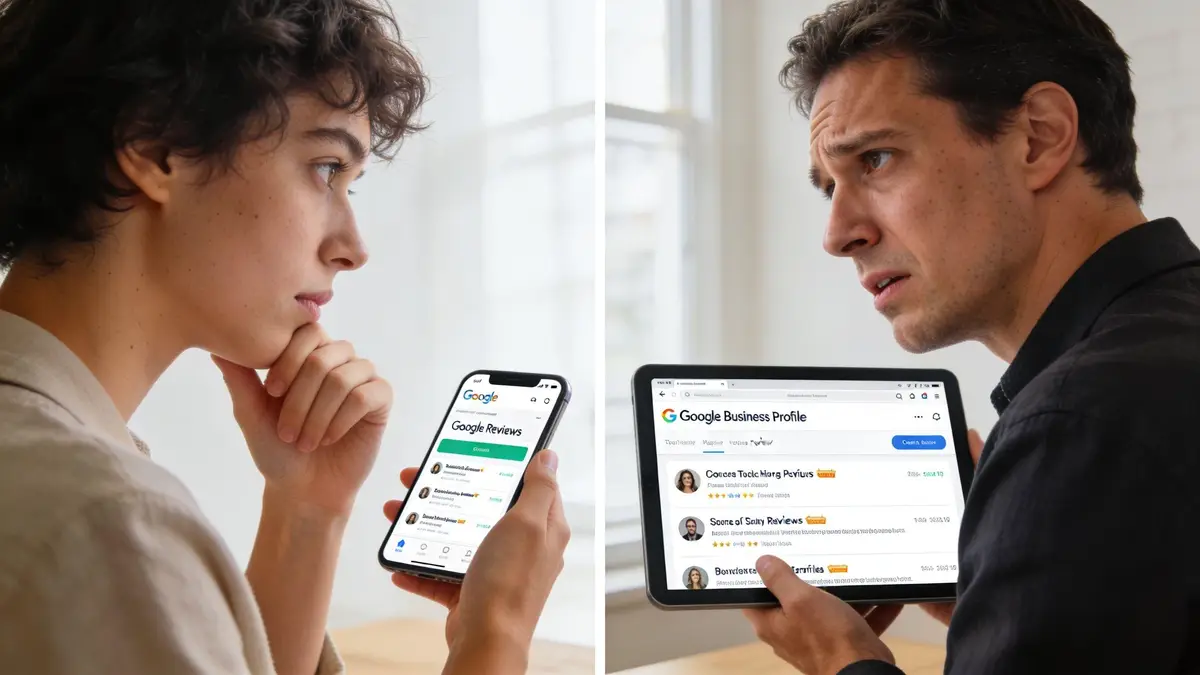 A person and a professional looking at Google Reviews and Google Business Profile on mobile devices.