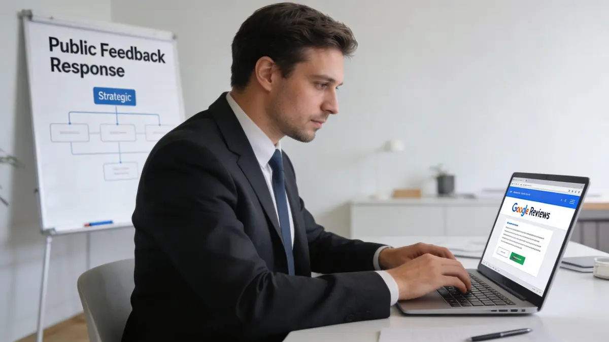 A professional man in a suit typing on a laptop to edit his Google reviews at his desk.