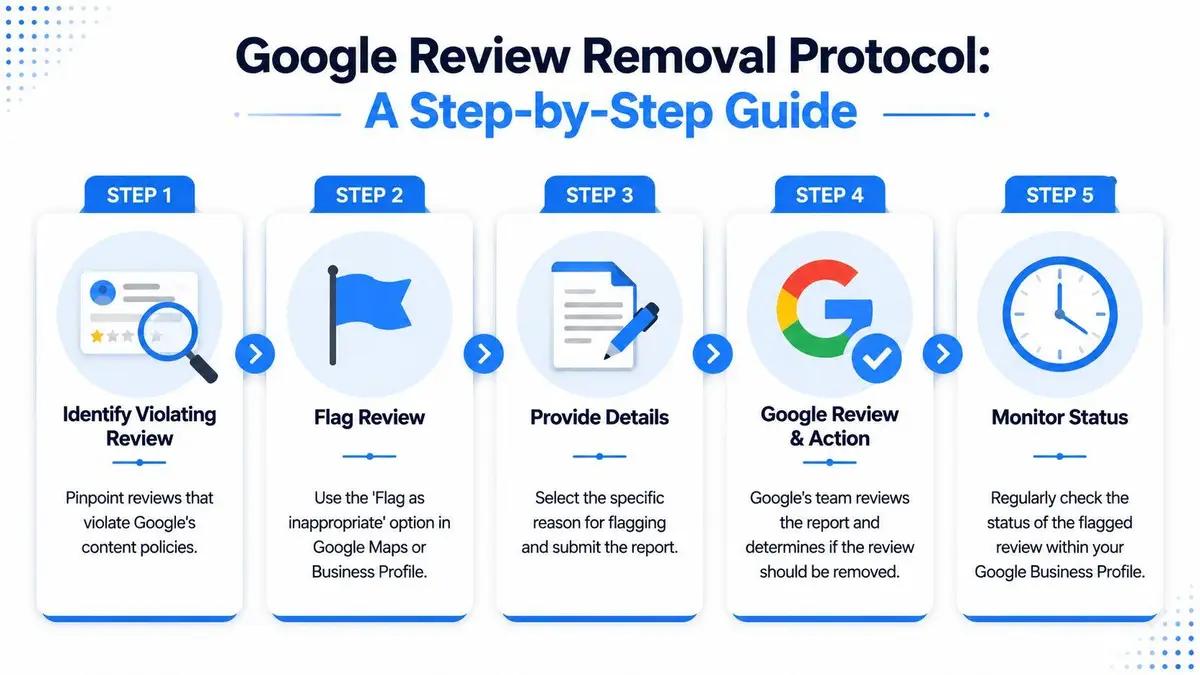 A flowchart showing the five step-by-step process for reporting and removing violating Google Business Profile reviews.