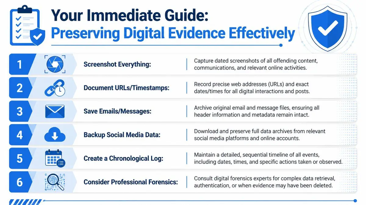 A six-step instructional guide on how to effectively collect and preserve digital evidence for potential legal proceedings.