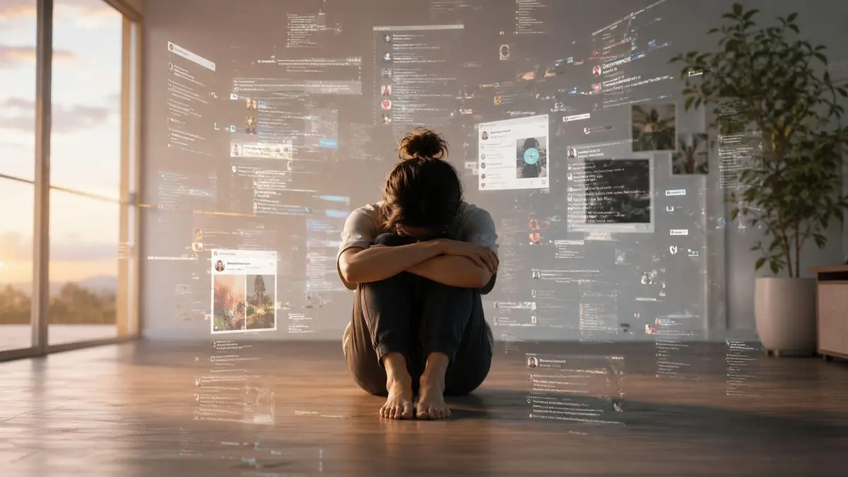 A person sitting on the floor, head in their hands, surrounded by floating digital social media notifications.