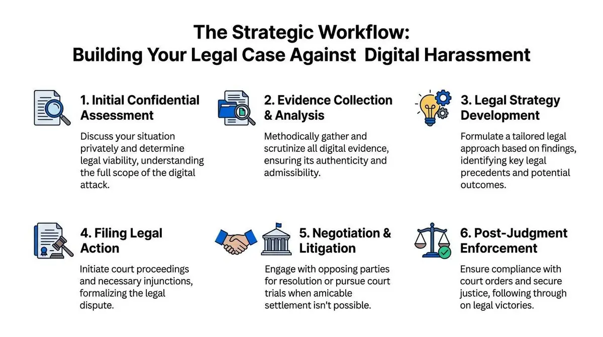 A six-step strategic workflow infographic for building a legal case against digital harassment.