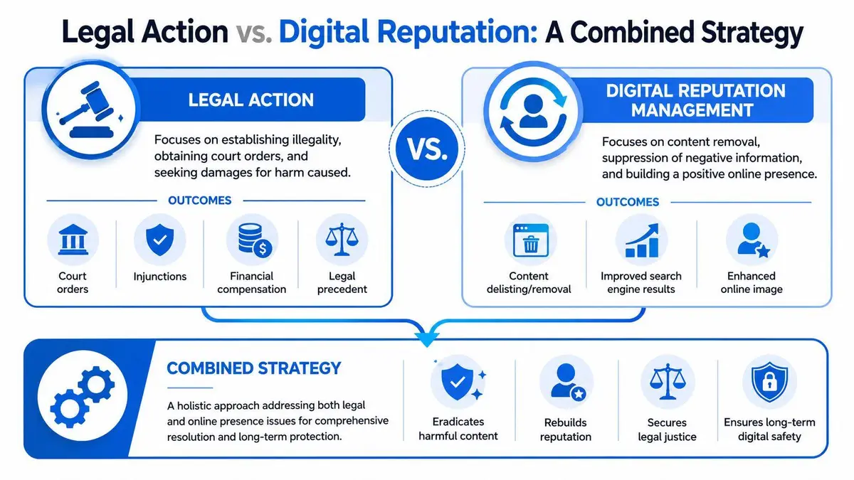 A diagram comparing legal action and digital reputation management as a combined strategy for online protection.