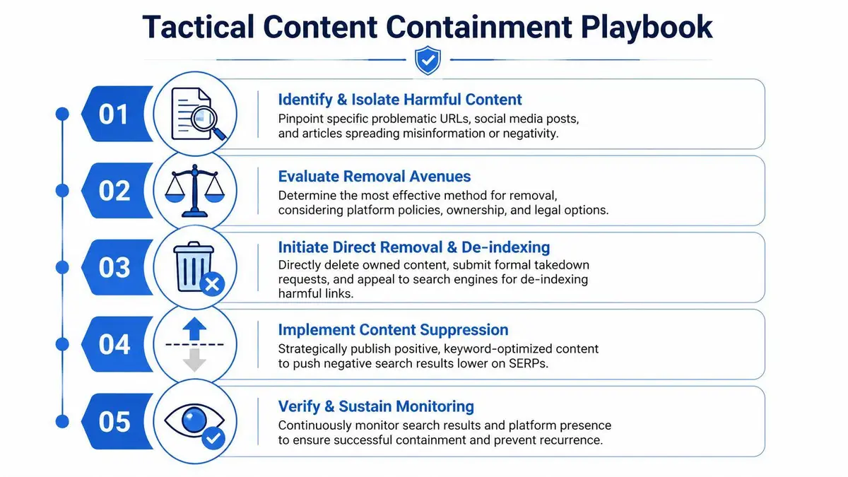 A five-step tactical content containment playbook infographic for managing online reputation and removing harmful web content.