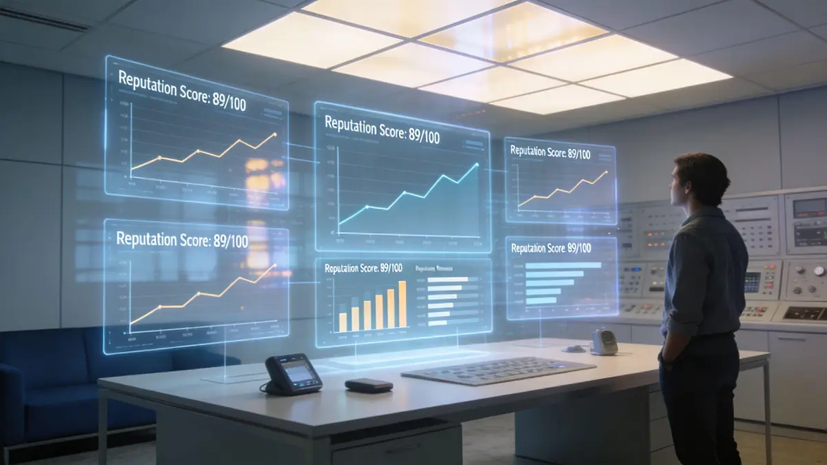 A professional analyzing a digital holographic interface displaying various reputation score data and analytical charts.