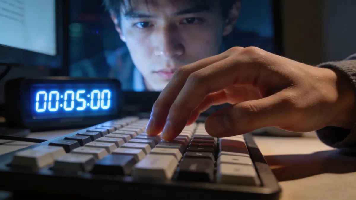 A focused man typing on a mechanical keyboard in front of a digital timer counting down