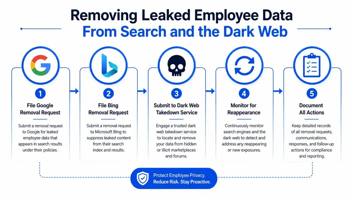 A five-step infographic guide on removing leaked employee data from search engines and the dark web.