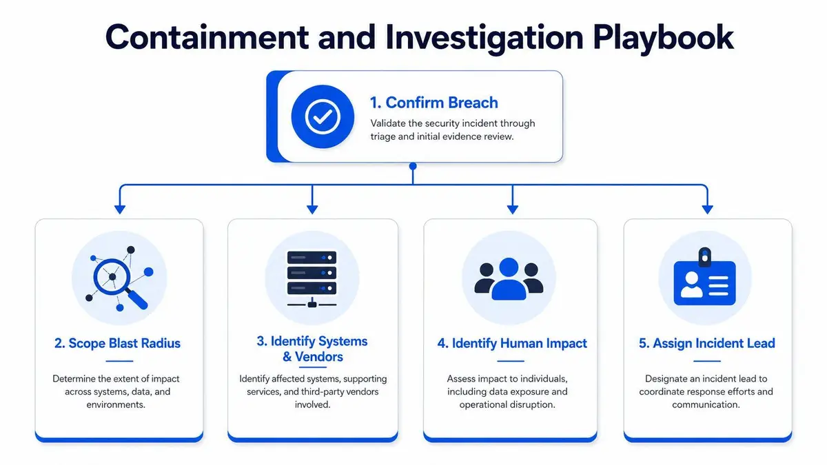 A flowchart titled Containment and Investigation Playbook outlining five steps to handle a security incident.