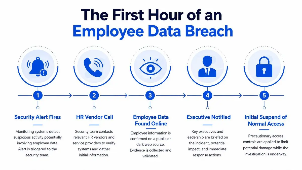 A five-step infographic showing the sequence of events during the first hour of an employee data breach.