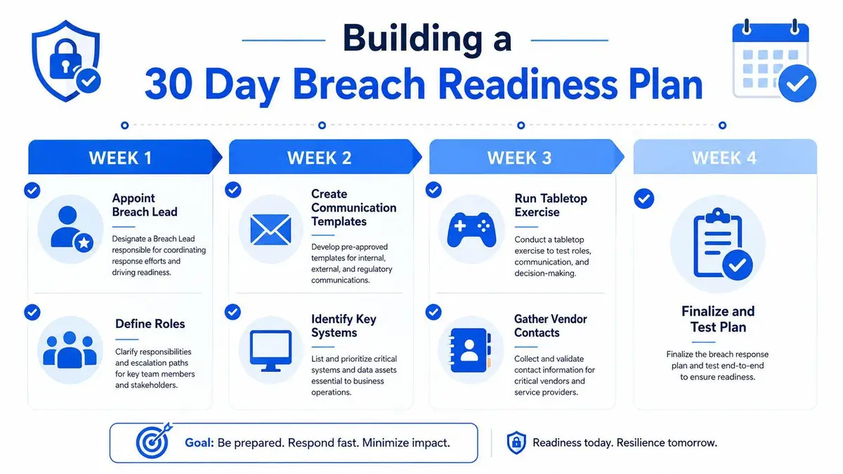 An infographic detailing a 30-day breach readiness plan divided into weekly steps for organizational security preparation.