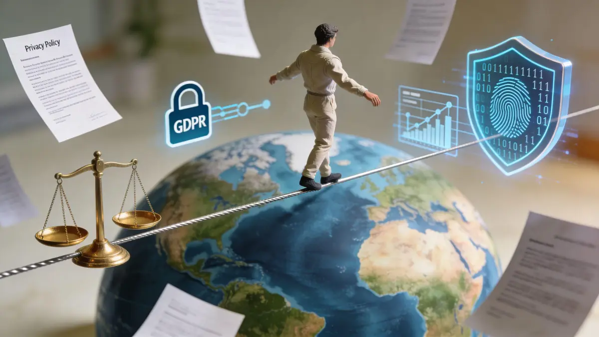 A miniature person walking on a tightrope over a globe representing global data privacy and security.