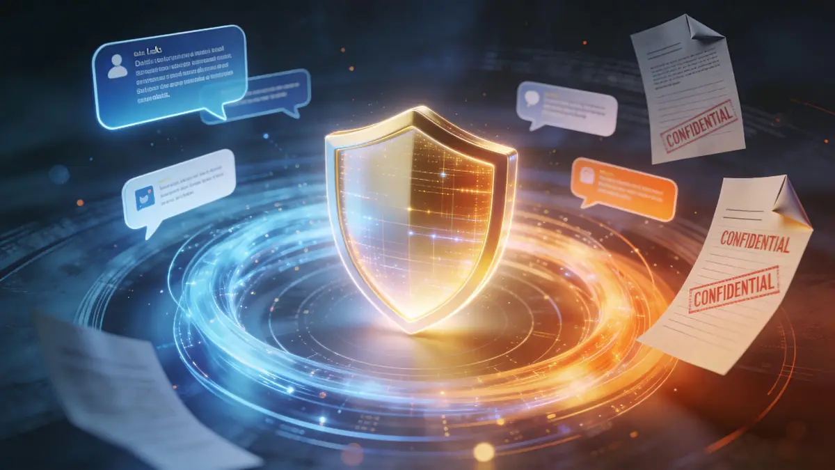 A glowing digital shield protecting documents and communication bubbles, symbolizing data privacy and professional online security.