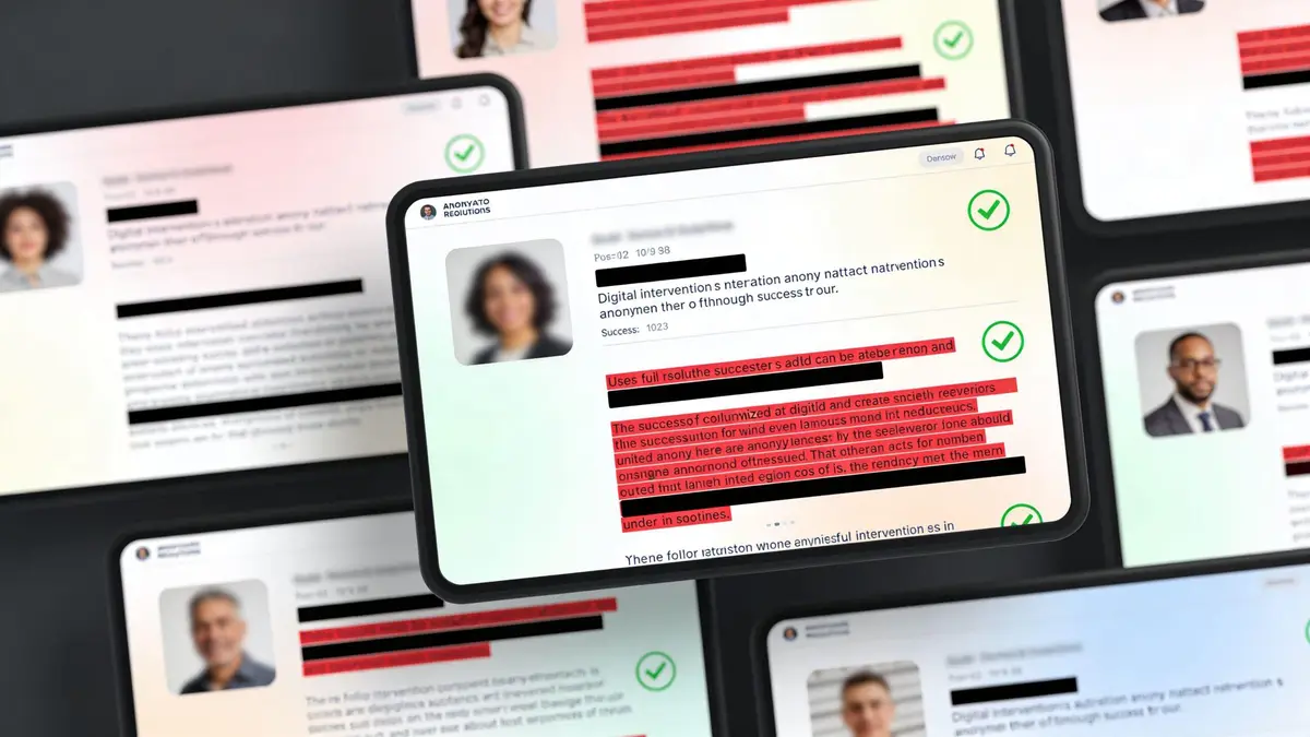 Multiple digital tablet screens displaying employee reputation management software interfaces with blurred profile pictures and analytical data.