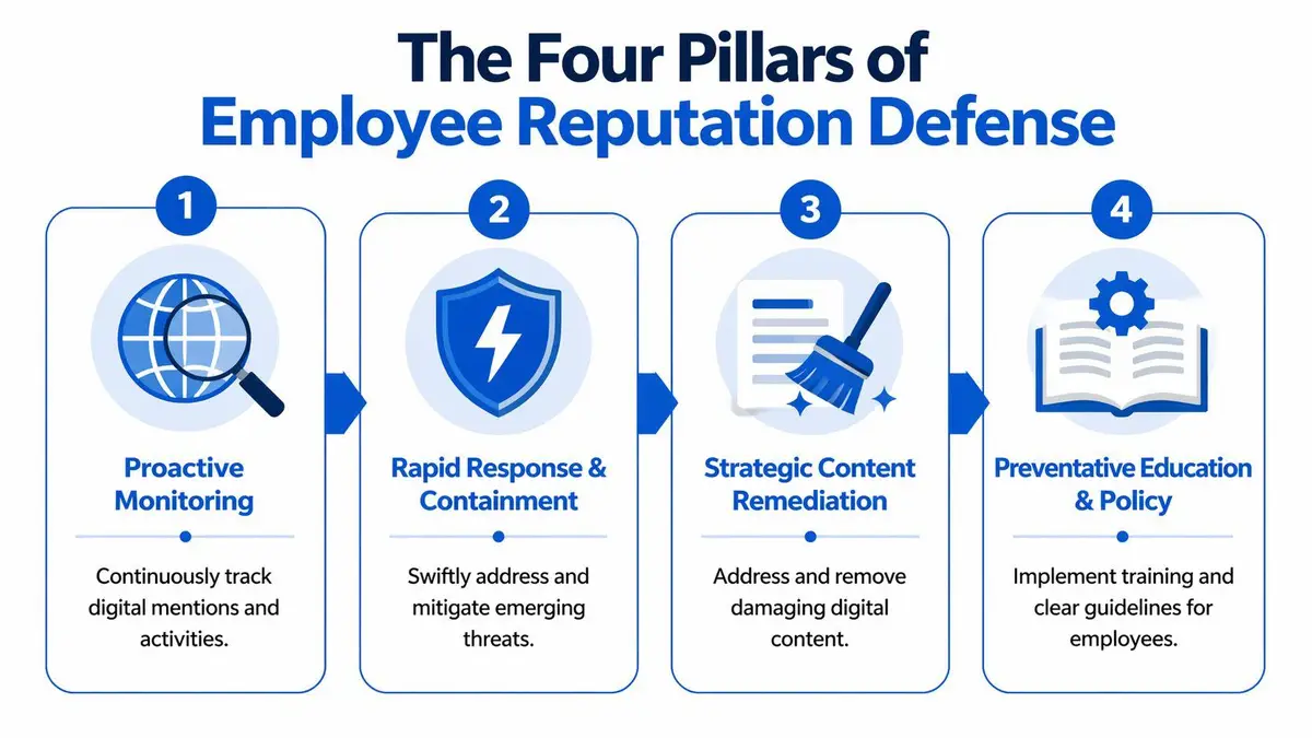 An infographic titled The Four Pillars of Employee Reputation Defense showing four sequential steps for corporate reputation management.
