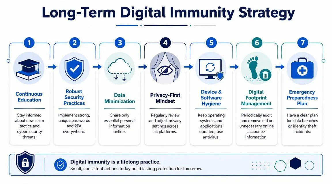 A seven-step strategy infographic outlining best practices for maintaining long-term digital security and online immunity.