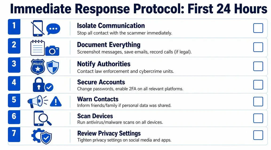 A seven-step checklist titled Immediate Response Protocol detailing actions to take within 24 hours of a scam.