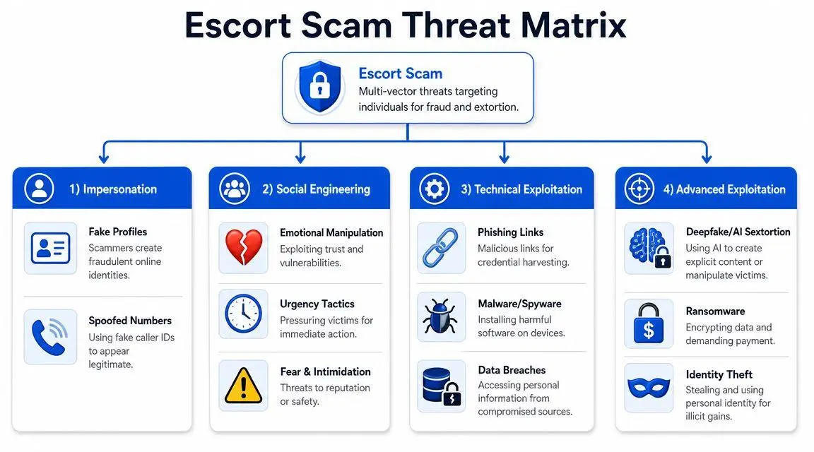 A diagram titled Escort Scam Threat Matrix outlining four categories: impersonation, social engineering, technical exploitation, and advanced exploitation.
