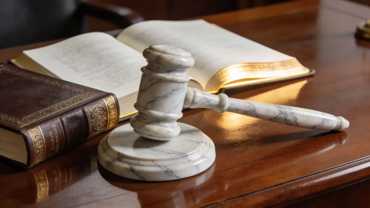 A marble gavel rests on a wooden desk next to an open law book and a closed book.