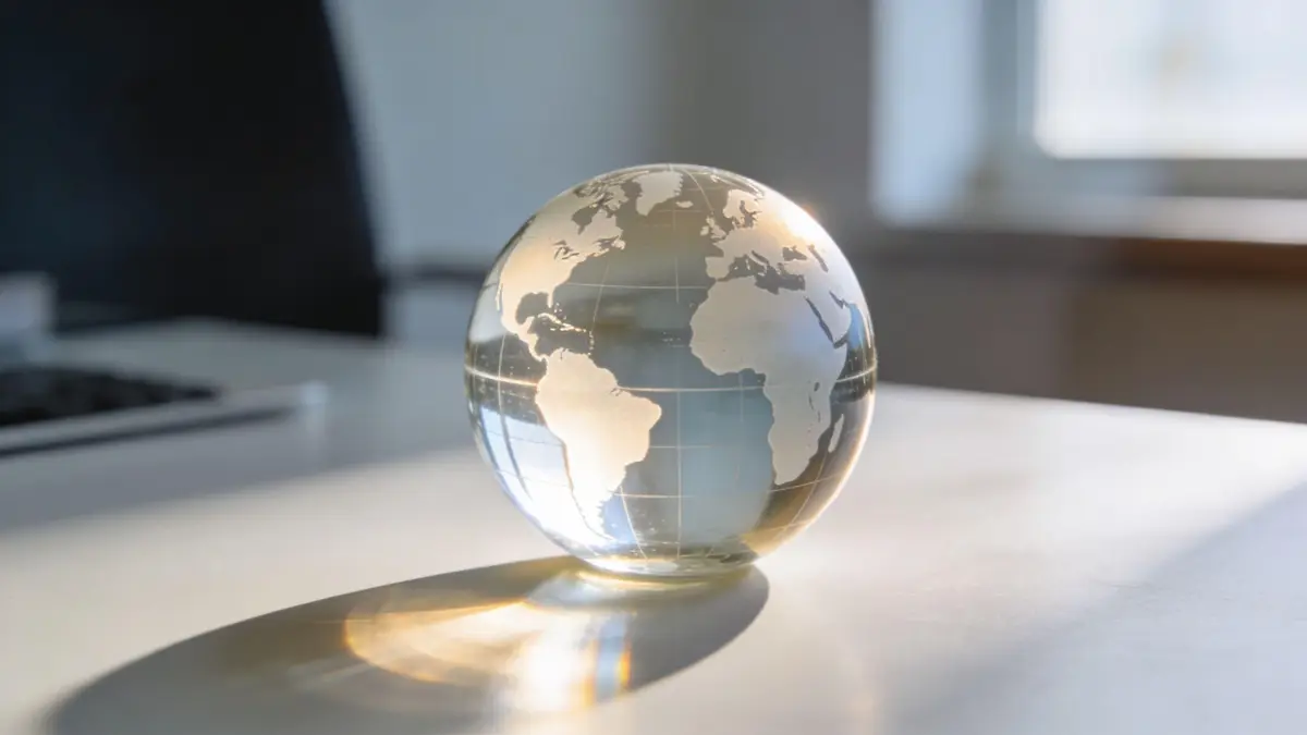 A crystal glass globe model sitting on a white office desk with bright sunlight streaming in.