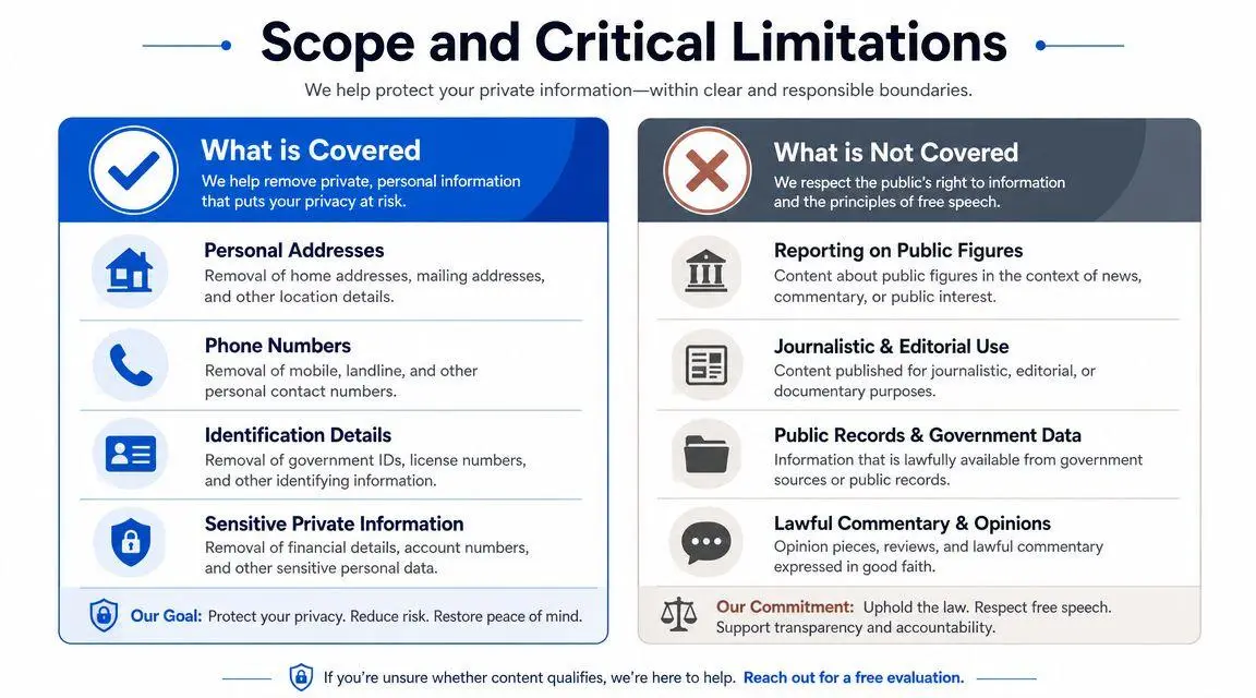 A chart explaining what private information is covered versus what is not covered for removal services.
