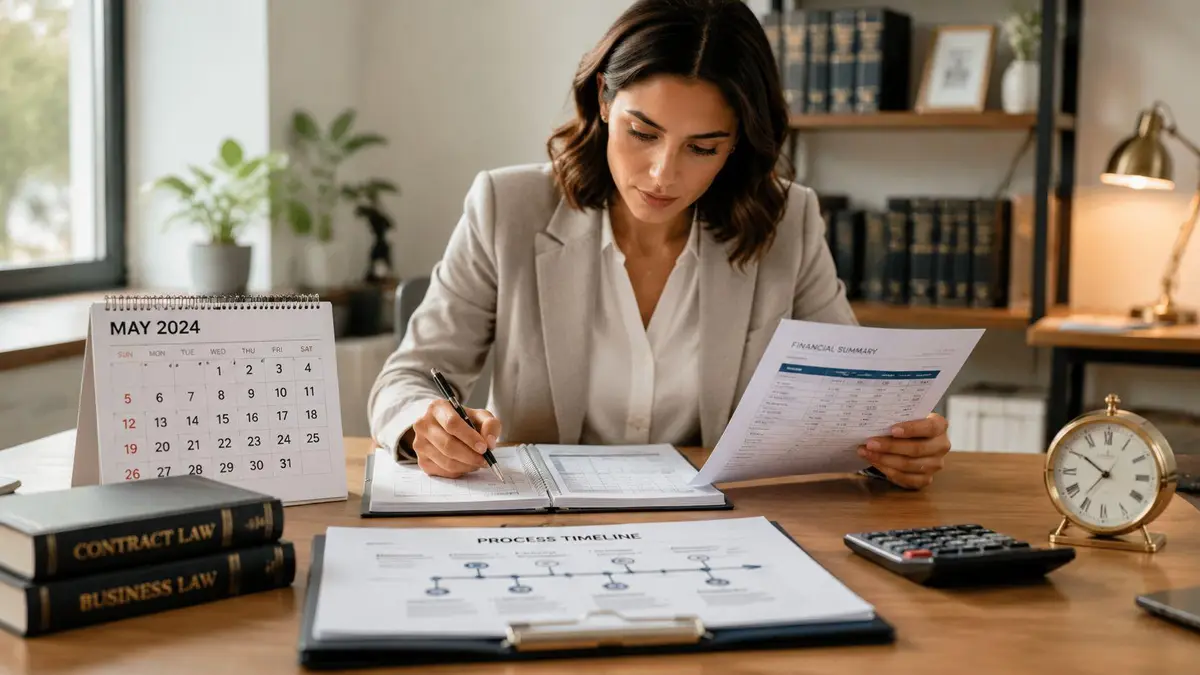 A professional woman working at her desk with legal books, a calendar, and financial documents.
