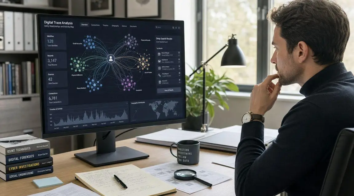 A professional cybersecurity analyst looking at a complex data visualization dashboard on a large computer monitor.