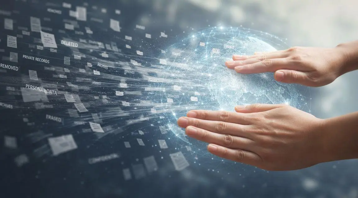 A digital graphic depicting human hands protecting a glowing globe made of data nodes and records.