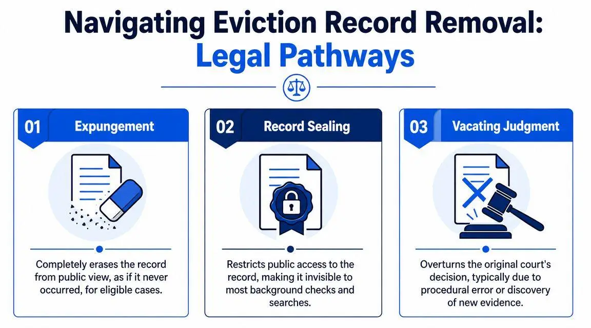 An infographic titled Navigating Eviction Record Removal displaying three legal pathways: Expungement, Record Sealing, and Vacating Judgment.