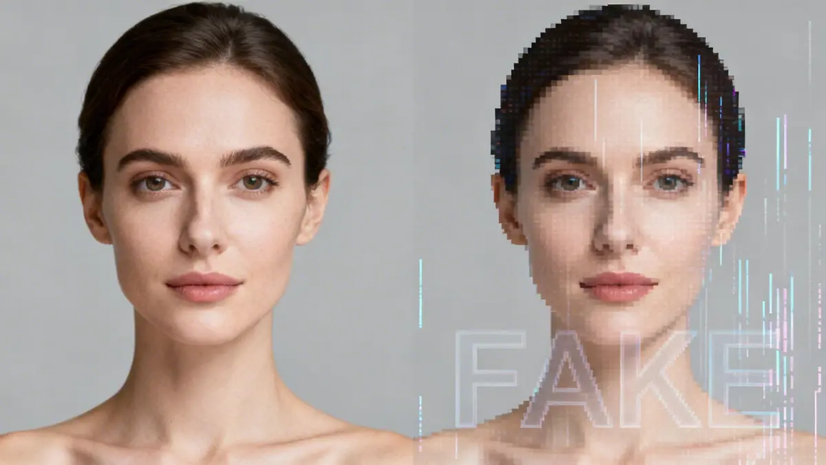 A woman's face, with one side clear and the other pixelated and labeled "FAKE," illustrating deepfake.