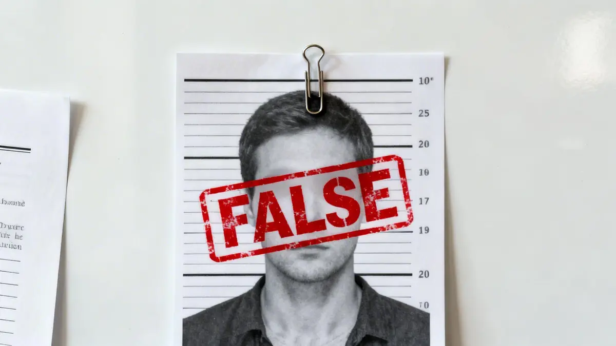A mugshot-style photo of a man with a bold red 'FALSE' stamp across his face.