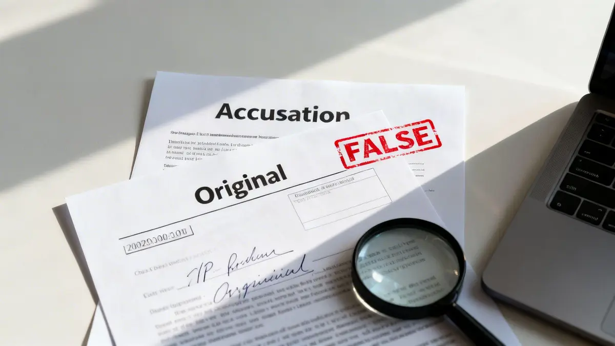 Documents labeled 'Accusation' with a 'FALSE' stamp and 'Original' with a magnifying glass and laptop.