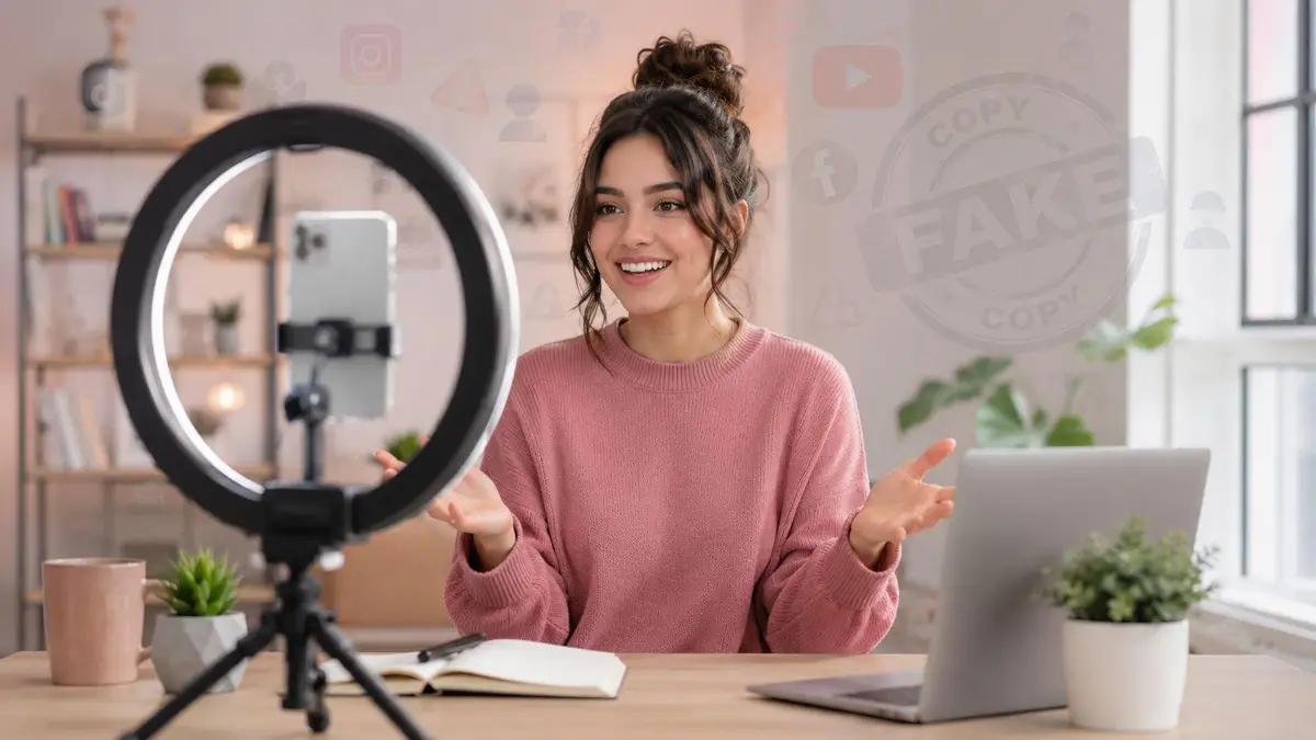 A smiling young woman recording a video for social media branding in a home studio office.