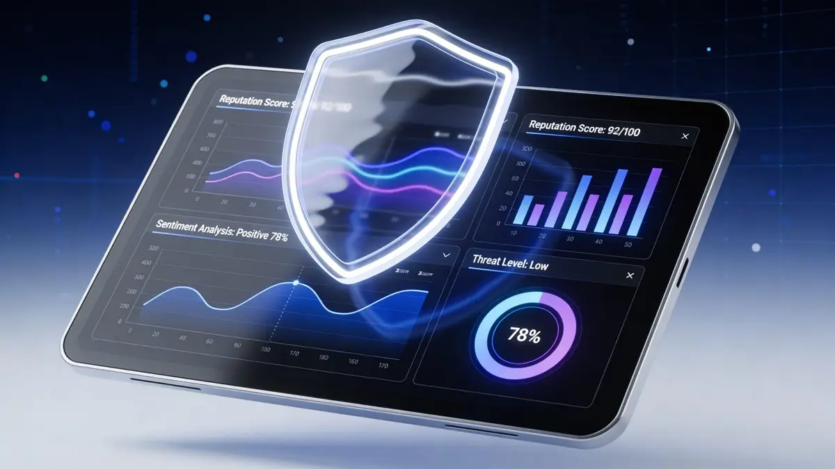 A digital tablet displaying cybersecurity charts, reputation scores, and threat analysis with a glowing protective shield icon.